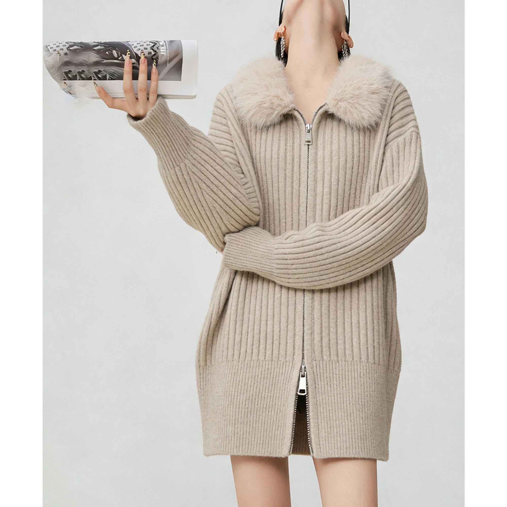 Lazy wind fur collar zipper knit cardigan high sense loose wild sweater long sleeve long casual coat.