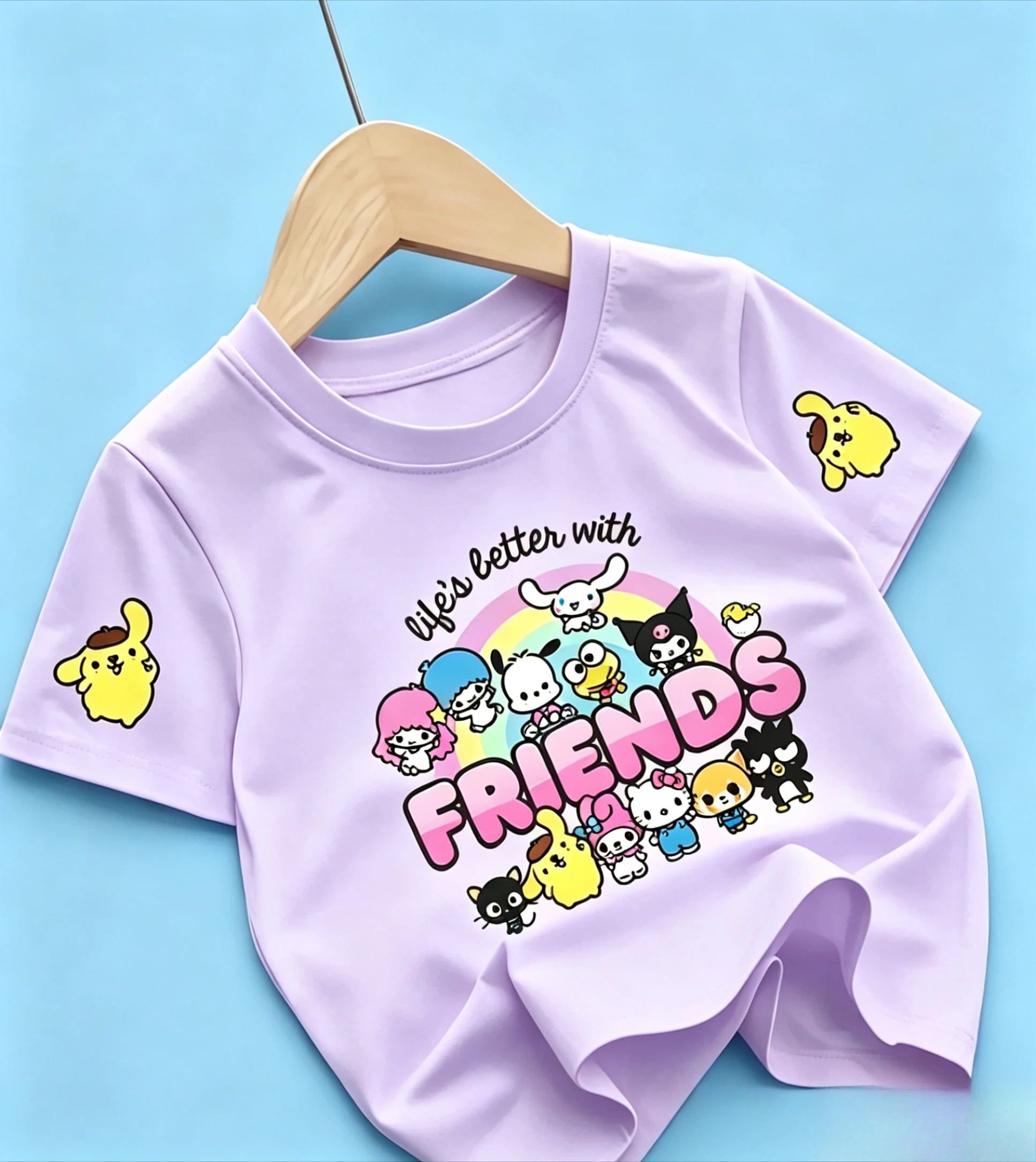 Sanrio Characters Friends Print Kids T-shirt Cute Cartoon White Short Sleeve Casual Tee for Girls Boys Summer Streetwear