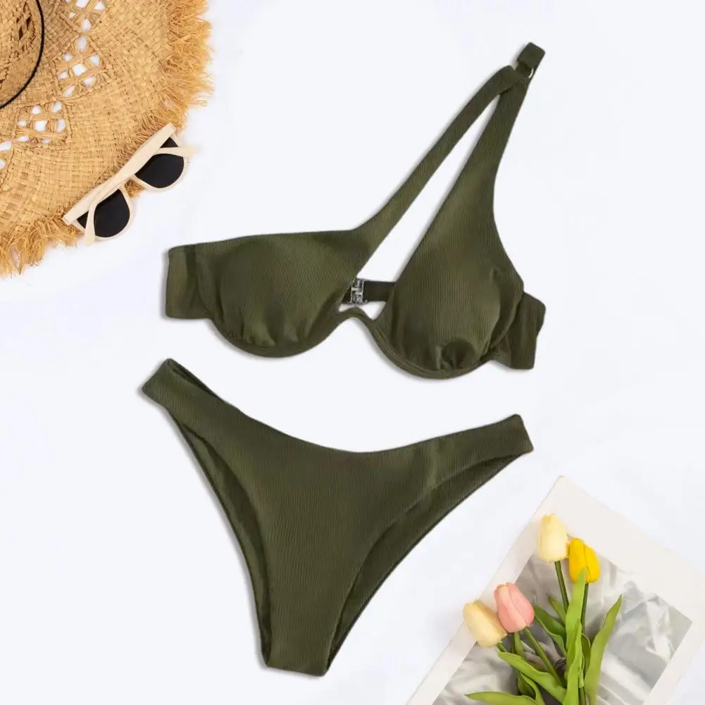 2024 Luxury Two Pieces Solid Patchwork Underwire Push Up One Shoulder Cut Out Beachwear Swimwear Biqunis Brazilian Thong Bikini