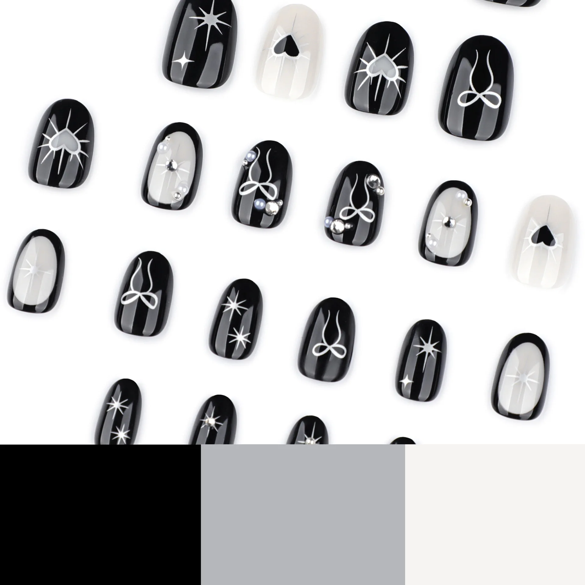 24 Uds. De uñas postizas negras de estilo gótico, diseños de lazos de corazón de amor plateado Y2k, puntas de uñas postizas cortas de almendra usables