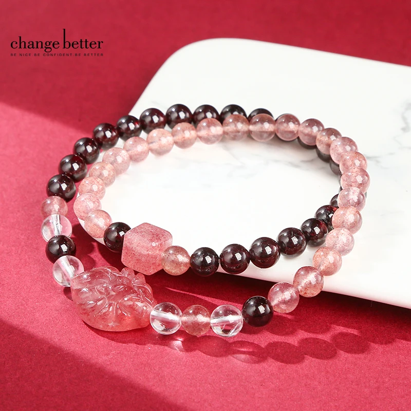 Korean Design Garnet Strawberry Quartz Lucky Bracelets for Women Natural Stone Energy Stretch Bracelets Couple Party Jewelry