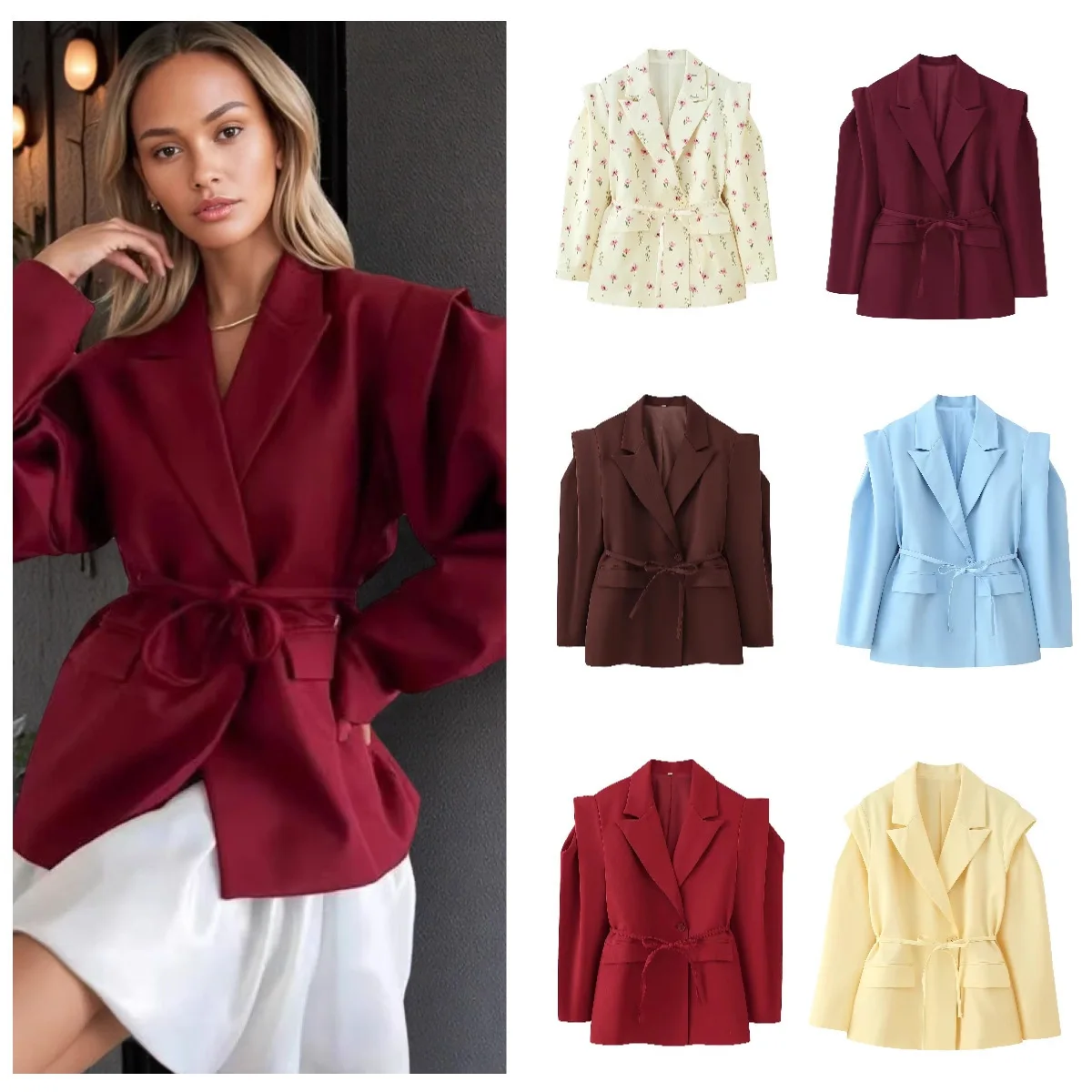 

Элегантный пиджак с широкими плечами, женская модная модная верхняя одежда с поясом и застежкой на талию для летнего сезона
