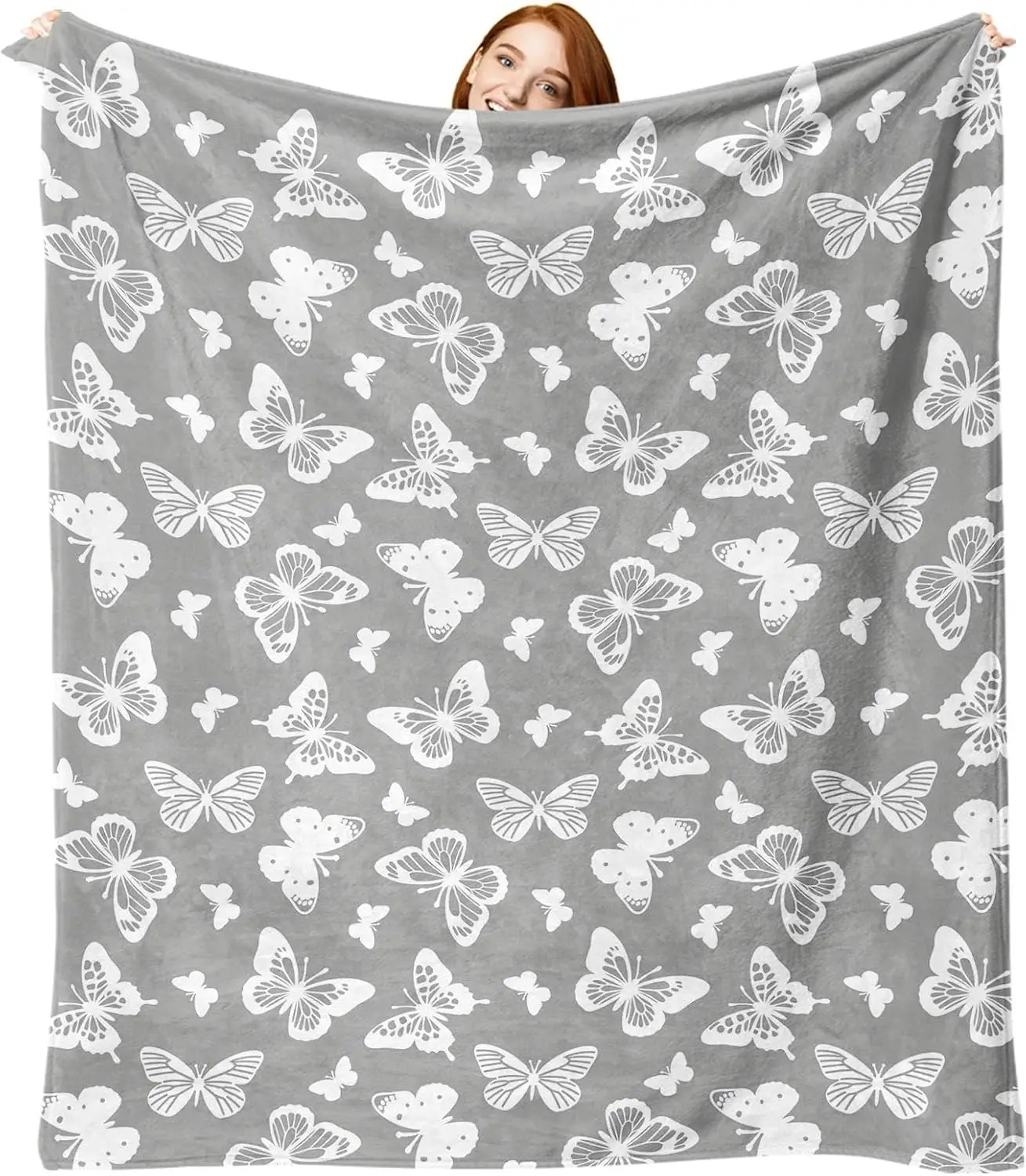 Butterfly Flannel Blanket Gray White Butterfly Pattern Spring Floral Lightweight Decor for Couch Bed Craft Workspace Hobby Room