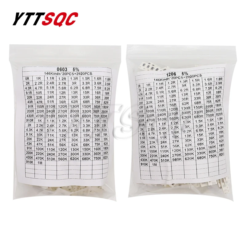 

2920pcs 146ValuesX20pcs 0603 0805 1206 5% SMD Chip Resistor KIT 0R - 1M ohm Resistance Samples Set