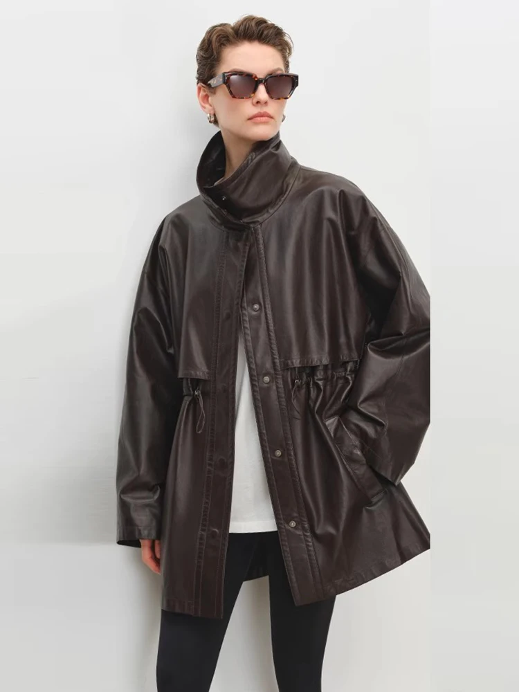 ความยาวกลางของแท้หนัง Windbreaker แจ็คเก็ตผู้หญิงฤดูใบไม้ผลิฤดูใบไม้ร่วง High-end Simple STAND COLLAR นุ่ม Real Sheepskin Coat