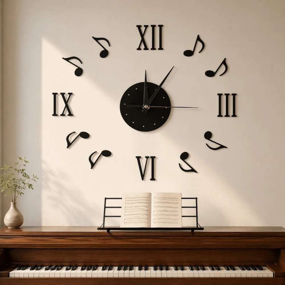 14.17in Music Note Wall Clock Acrylic Round Shape Frameless Wall Clock Roman Numerals 3D Design Sticker Decor Clock Bedroom