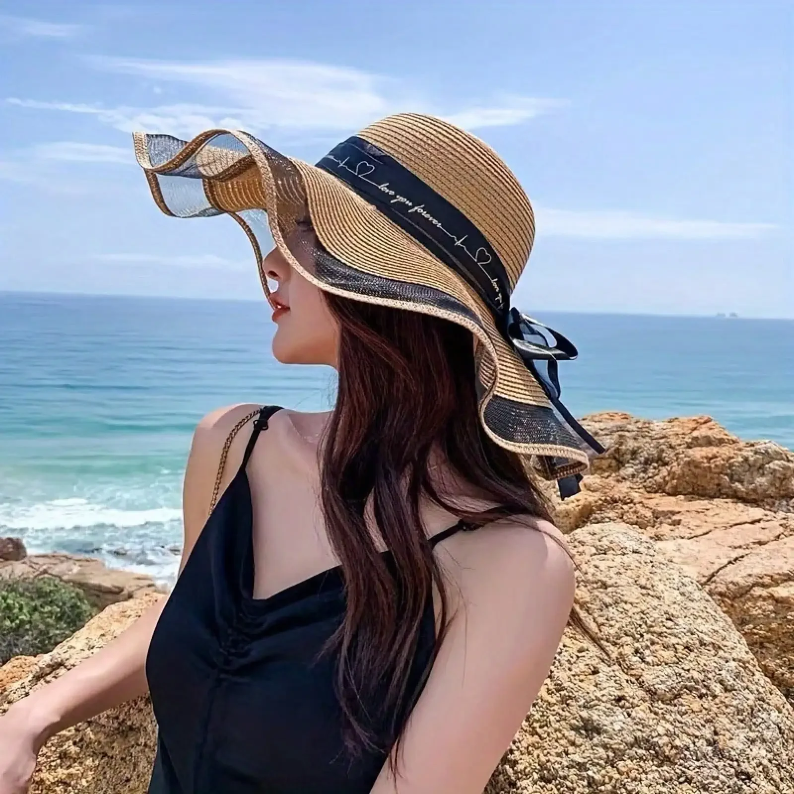 

Women's Large Brim Straw Sun Hat, Dome Bow Ribbon Woven Beach Hat, Curved UV Protection Cap For Outdoor