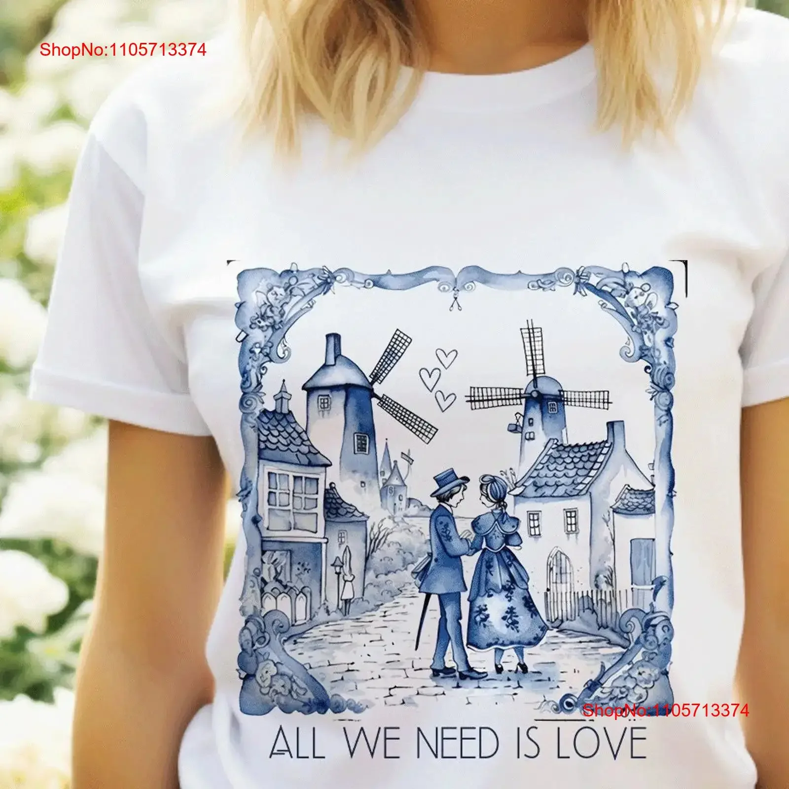 Delft Blue Tile T shirt Indigo on White Dutch Style Love is all Romantic for Her Classic vintage Washed Stretched Unisex