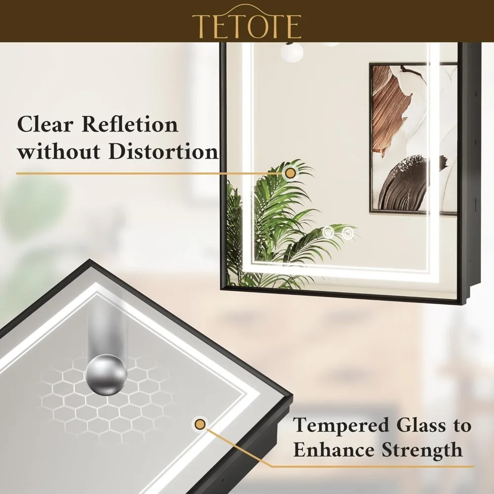 خزانة أدوية للحمام بإطار معدني بإضاءة LED باللون الأسود، مقاس 20 × 26 بوصة، مثبتة على السطح أو