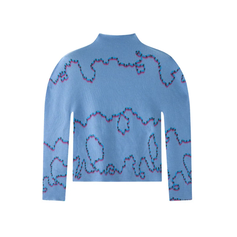 

Miyake абстрактная женская футболка с цветными блоками и воротником-стойкой, плиссированная женская футболка с длинными рукавами, новый дизайн, эластичный тонкий топ с принтом