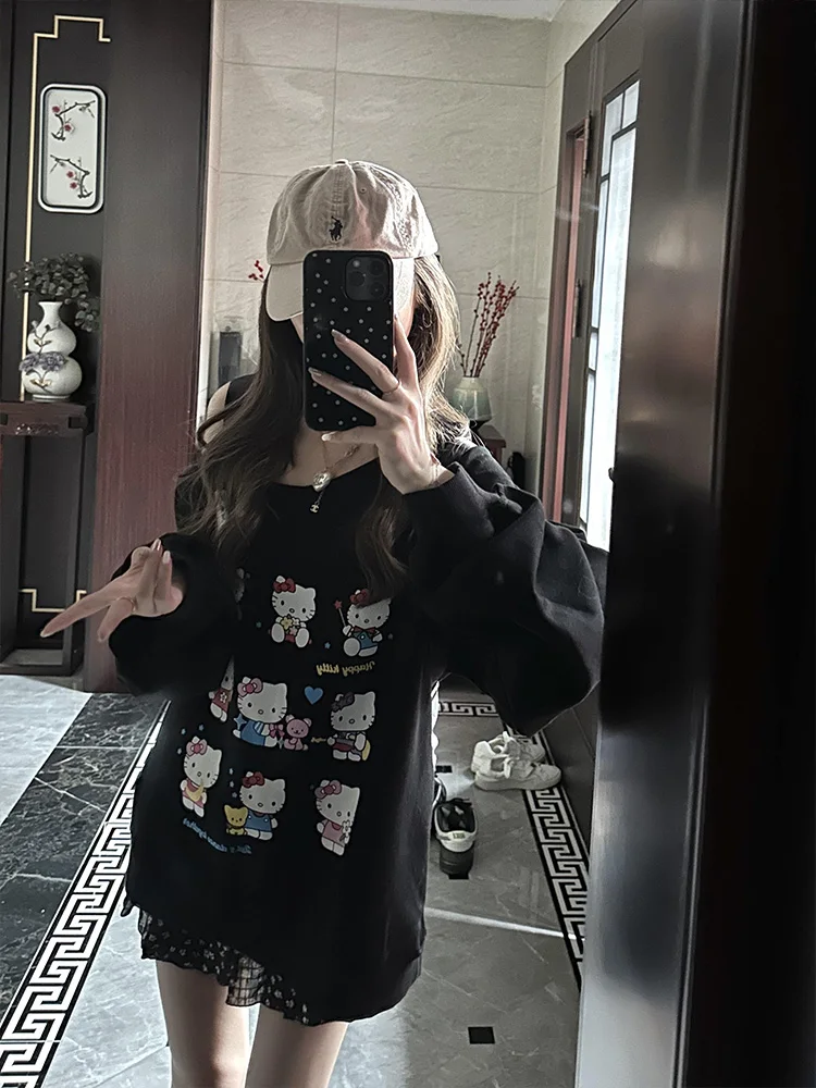 Bla dentelle oulder sweat à capuche femmes printemps automne mince dessin animé Kit imprimé haut ample confortable décontracté Streetwear sweat-shirt