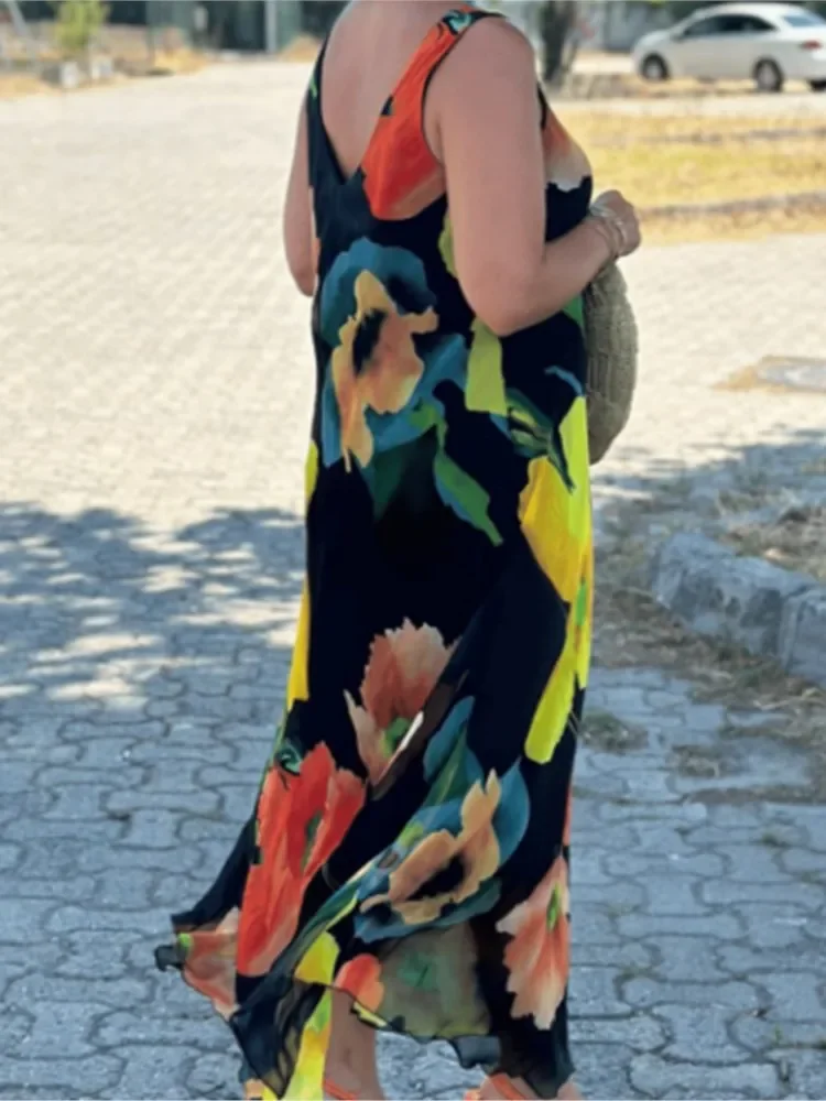 여성을위한 우아한 맥시 드레스 민소매 U 넥 꽃 프린트 느슨한 허리 롱 드레스 여성 캐주얼 패션 숙녀 드레스 여름