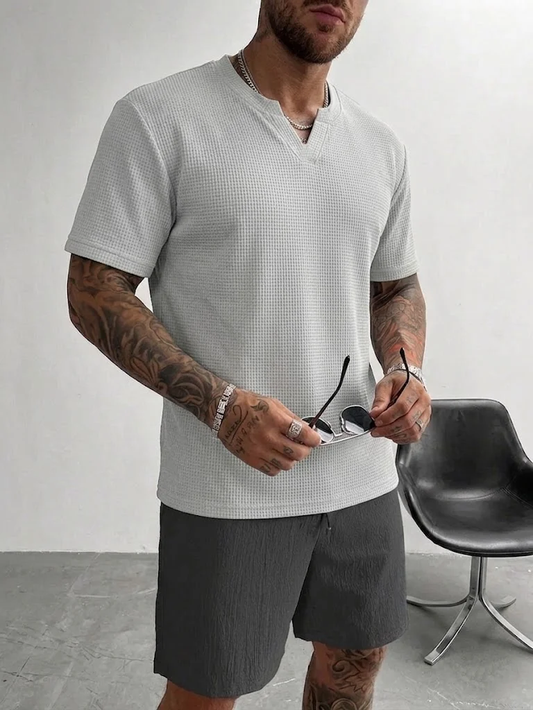 Men's Light Gray Waffle Henley T-Shirt, Textured Slim Fit Casual Short Sleeve Cross-Border Men's Apparel
