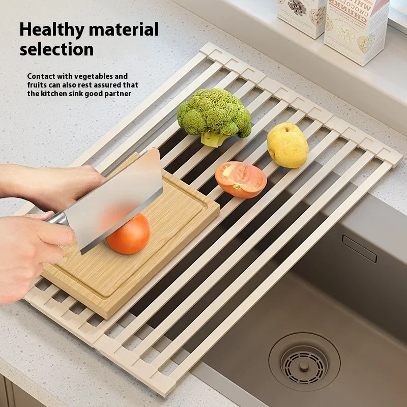 304 Stainless Steel Kitchen Drain Rack, Foldable Sink, Drain Basket, Sink Storage Rack, Roller Shutter, Silicone Drain Pad view 3