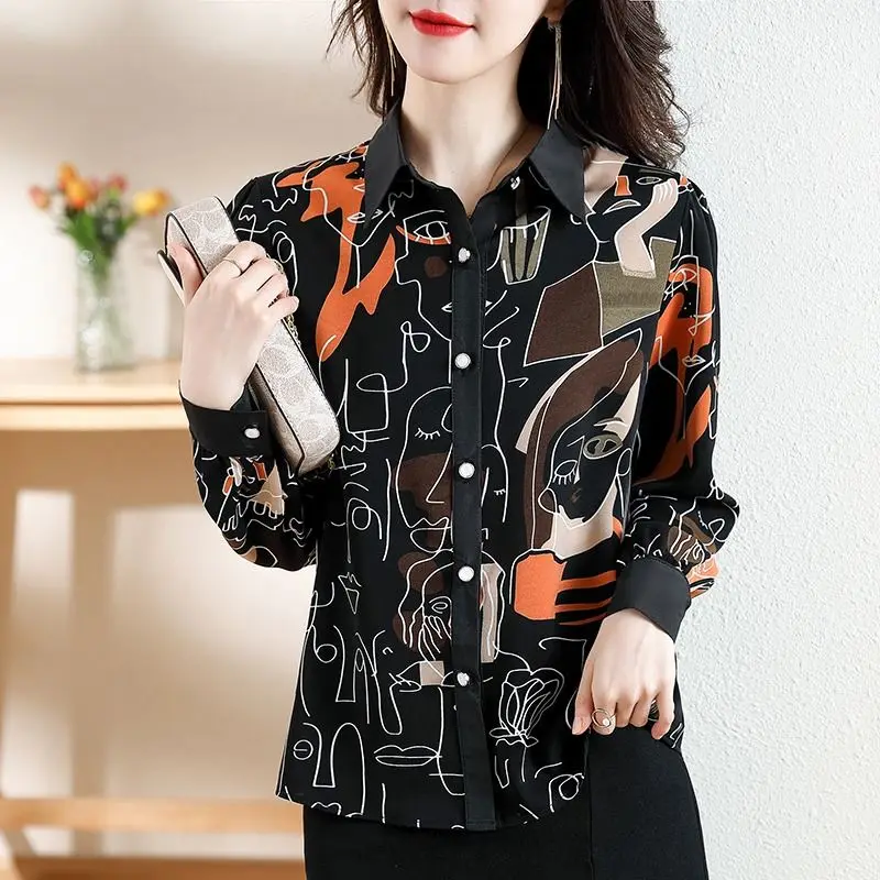 Fashion Printed Shirt 2023 Spring Autumn Commute Single-breasted Casual Korean Polo-Neck Spliced Women\'s Clothing Loose Blouse