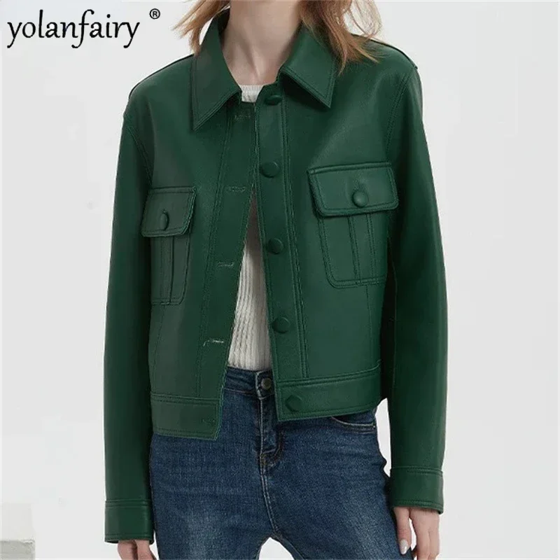YOLANFAIRY Autumn Popular Genuine Leather Jacket Women Sheepskin High-end Polo Collar Tops 2025 Slim Classic Short Blazer Coat