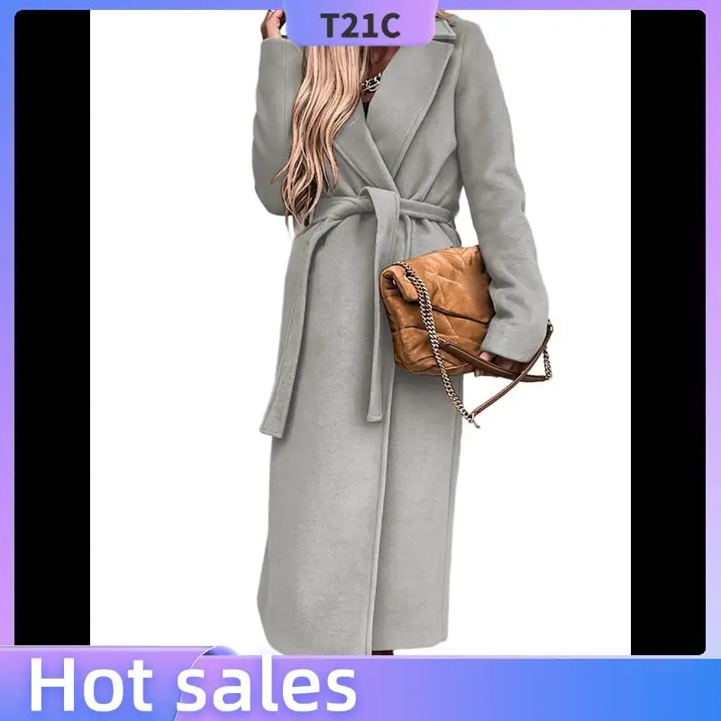 

T21C Женская тонкая верхняя одежда из смесовой шерсти с зубчатыми лацканами и длинными рукавами, повседневные осенне-зимние пальто с поясом, светло-серые S