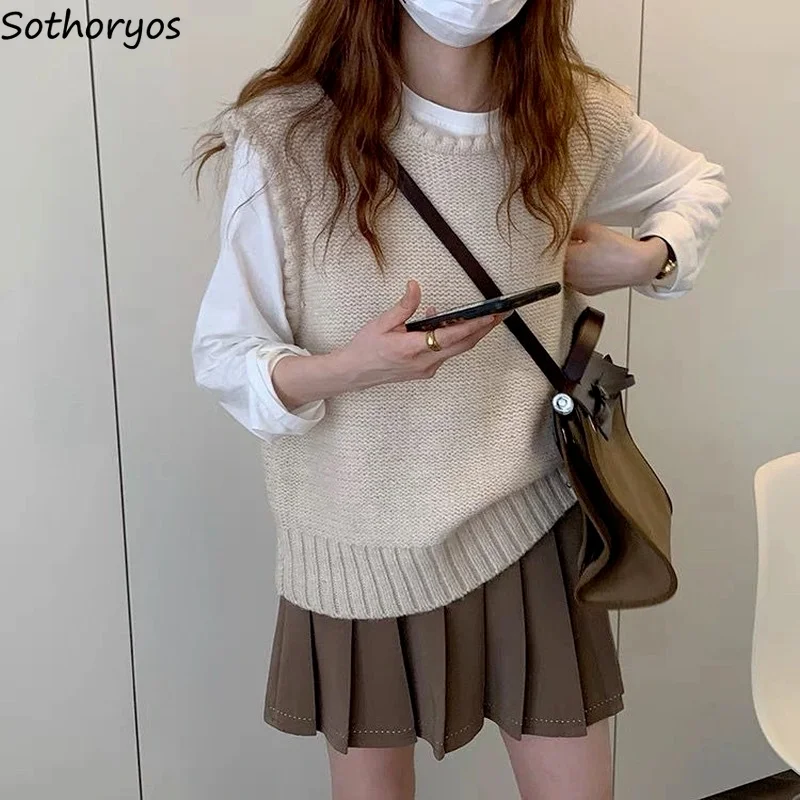 

Sweater Vest Women O-neck Solid Autumn Fashionable Female Leisure Knitwear Preppy Style Loose Soft Cozy Sweaters Harajuku Tops