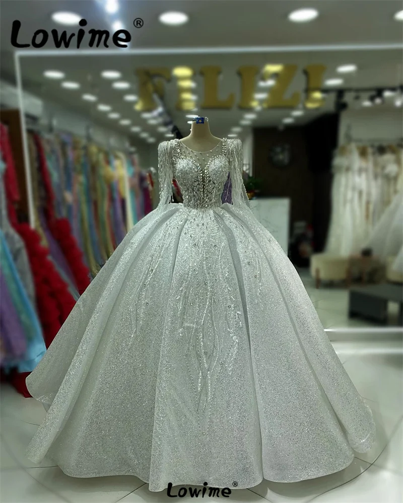 

Женское свадебное платье Lowime, блестящее белое платье цвета слоновой кости с кисточками и кристаллами, индивидуальные арабские Свадебные платья Дубая