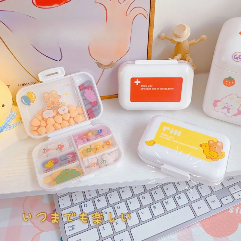 8 Grids Kawaii Pill Box Organizer 7 Day Weekly Pill Case Organizer Medicine With Sticker Protable Travel Mini Box Cute Lattice