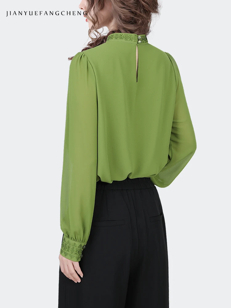 Fashion Embroidered Pleated Green Women\' Chiffon Top Long Sleeve Crew-neck Blouse Loose Casual Spring Summer Office Lady Blouses