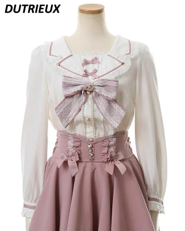 Japanese Style Mine Cute Sailor Collar Bow Lace Vintage Long Sleeve Shirt Women Top Spring and Summer New Lolita Camisa Feminina