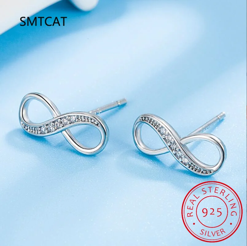 925 Sterling Silver Infinity Symbol Stud Earrings for Women Dazzling CZ Stone Geometric Earrings Jewelry Gift BSE542