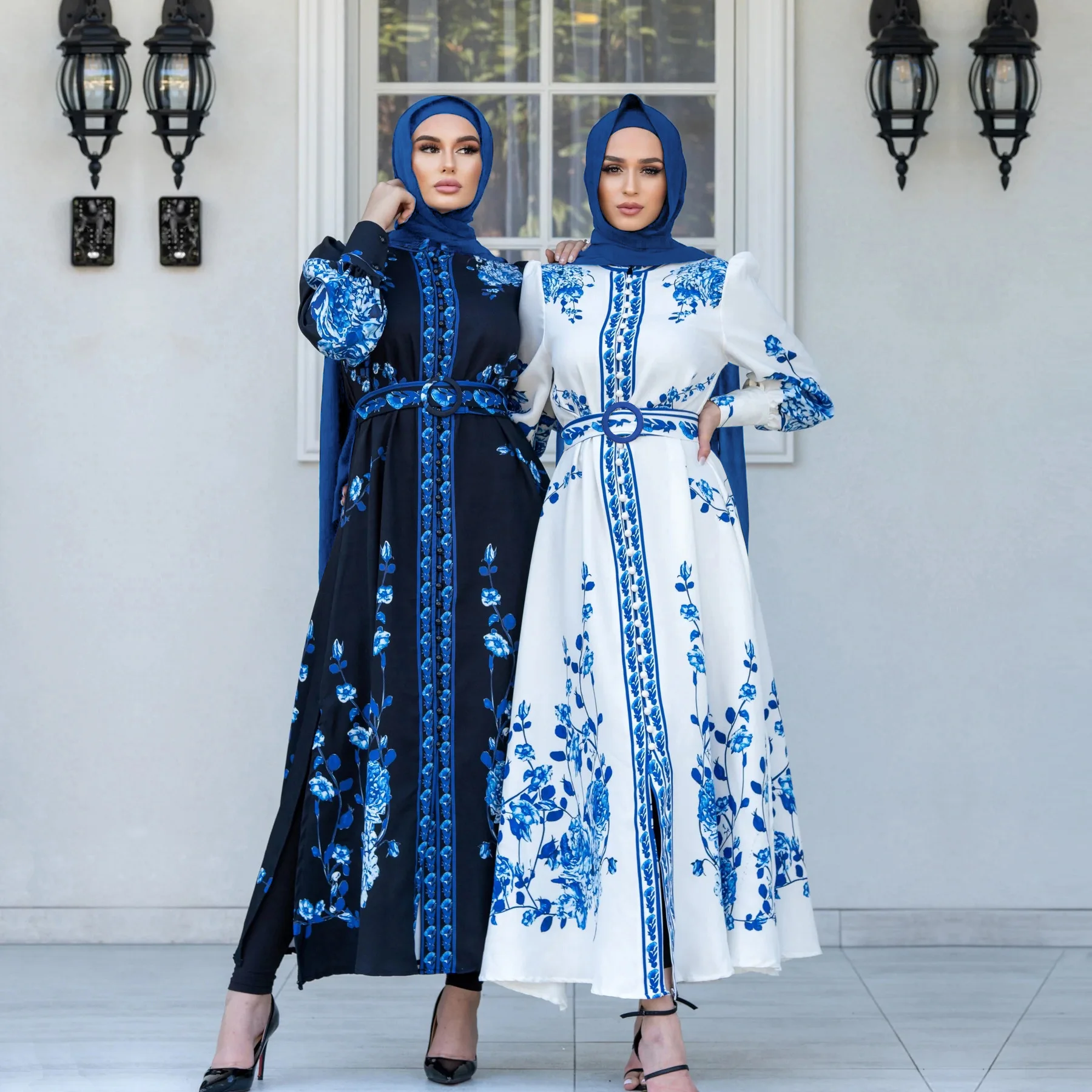 

Muslim Abayas Long-sleeved Stand Collar Print Women's Dress Temperament Long Dress O-neck Kaftan Dresses for Women Slim Caftan