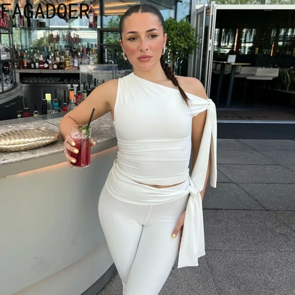 FAGADOER White Shorts 2 Piece Sets Women Outfit Fashion Off Shoulder Bandage Patchwork And High Waist Shorts Suits Streetwear