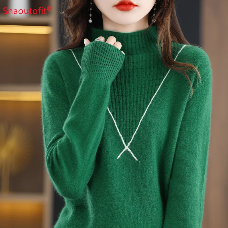 

100% Australian Wool Sweater Women's Half Turtleneck Pullover Loose Knit Base Top Autumn And Winter Fashion Cashmere Sweater