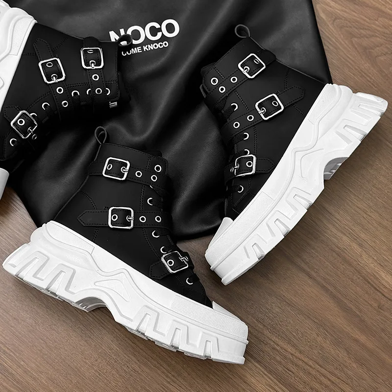 Men's Punk Gothic Boots Fashion Buckle Chain High Heels Mid Calf Boots Men Black Pu Leather Plus Size Autumn Botas