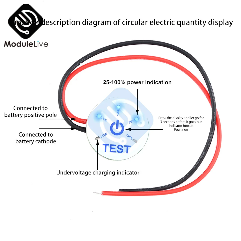 New Round Car Battery Capacity Indicator Power Level 1S 2S 3S 5S Li-ion 12.6V 12V Lead Acid 4S Lifepo4 With Undervoltage Warning