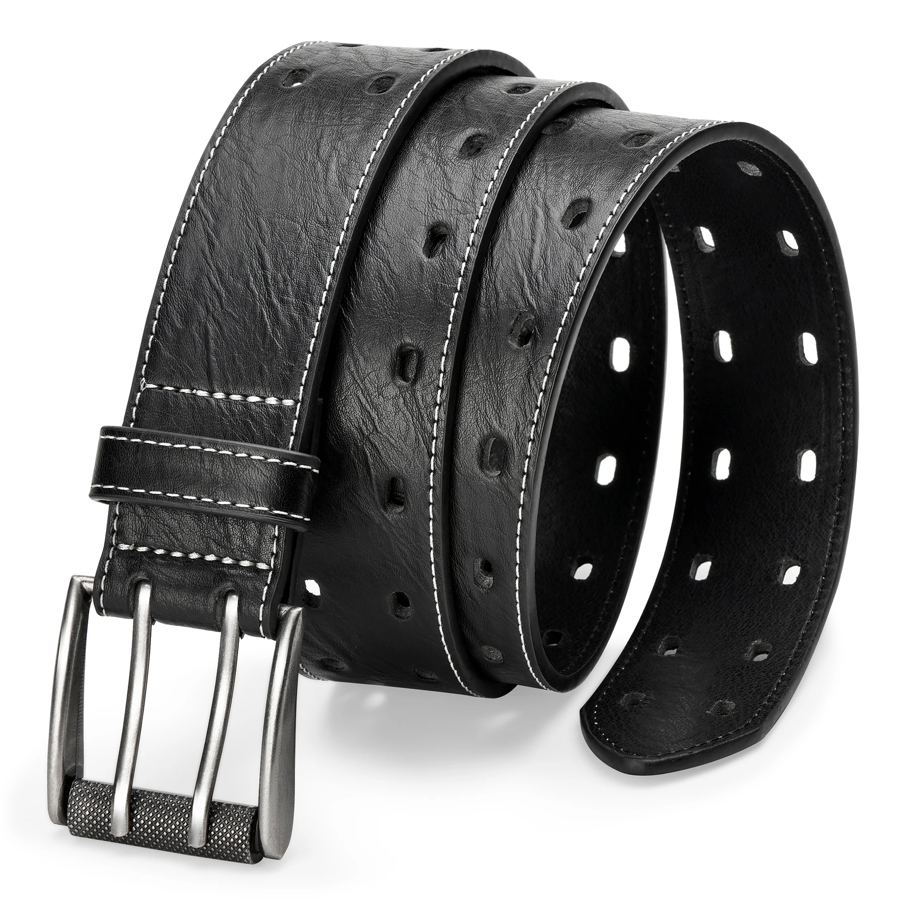 Men Classic Double Prong Belt Fashion Casual Heavy Duty Work Faux Leather Belts For Jeans Pants