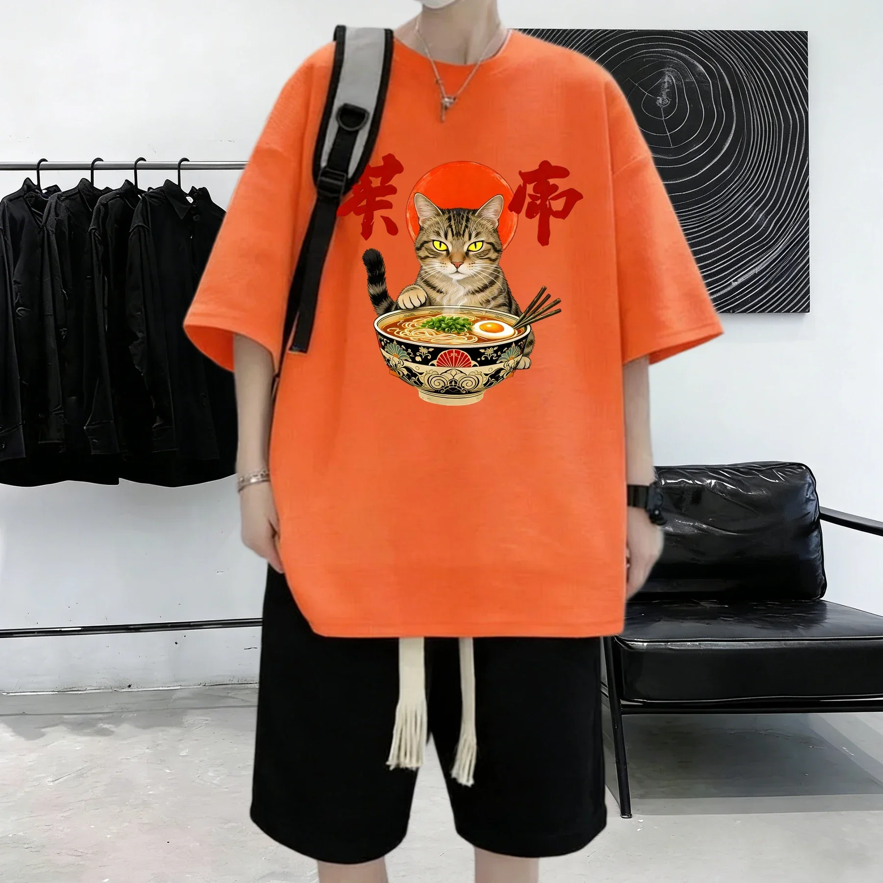 Cat That Likes To Eat Noodles Printed Man Cotton All-Match Summer Short Sleeve Basic Loose T Shirt Hip Hop Youth Comfy Top