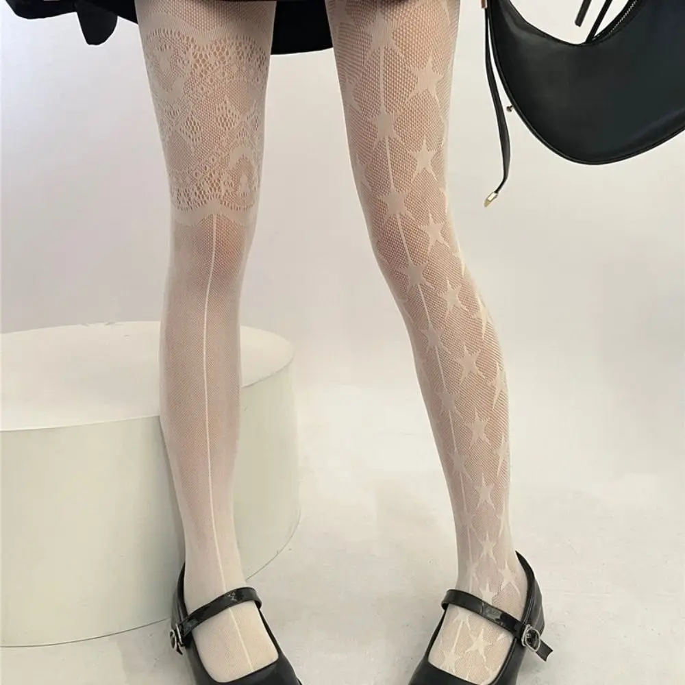 Y2k Female Sexy Silk Stockings Ultra-thin Breathable Lace Fishnet Stockings Five-pointed Star Print Elastic Mesh Pantyhose