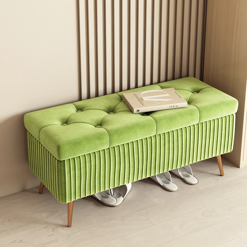 

Modern minimalist footstool with rectangular storage compartments and upholstered seat cushions