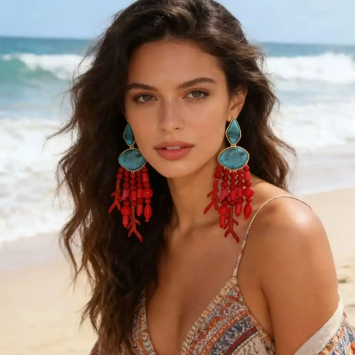 Retro Ethnic Style Handmade Beaded Coral Tassel Earnings