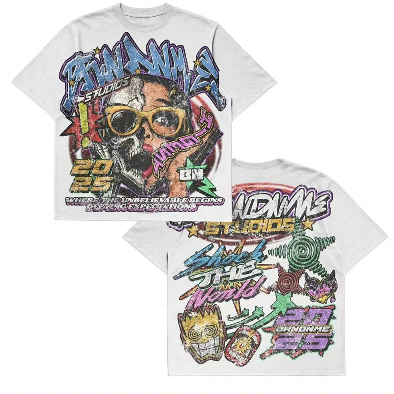 2026 New Y2K Style Family Matching Unisex Oversized T Shirt Skull Portrait Retro Graffiti Double Sided Print Streetwear Tops