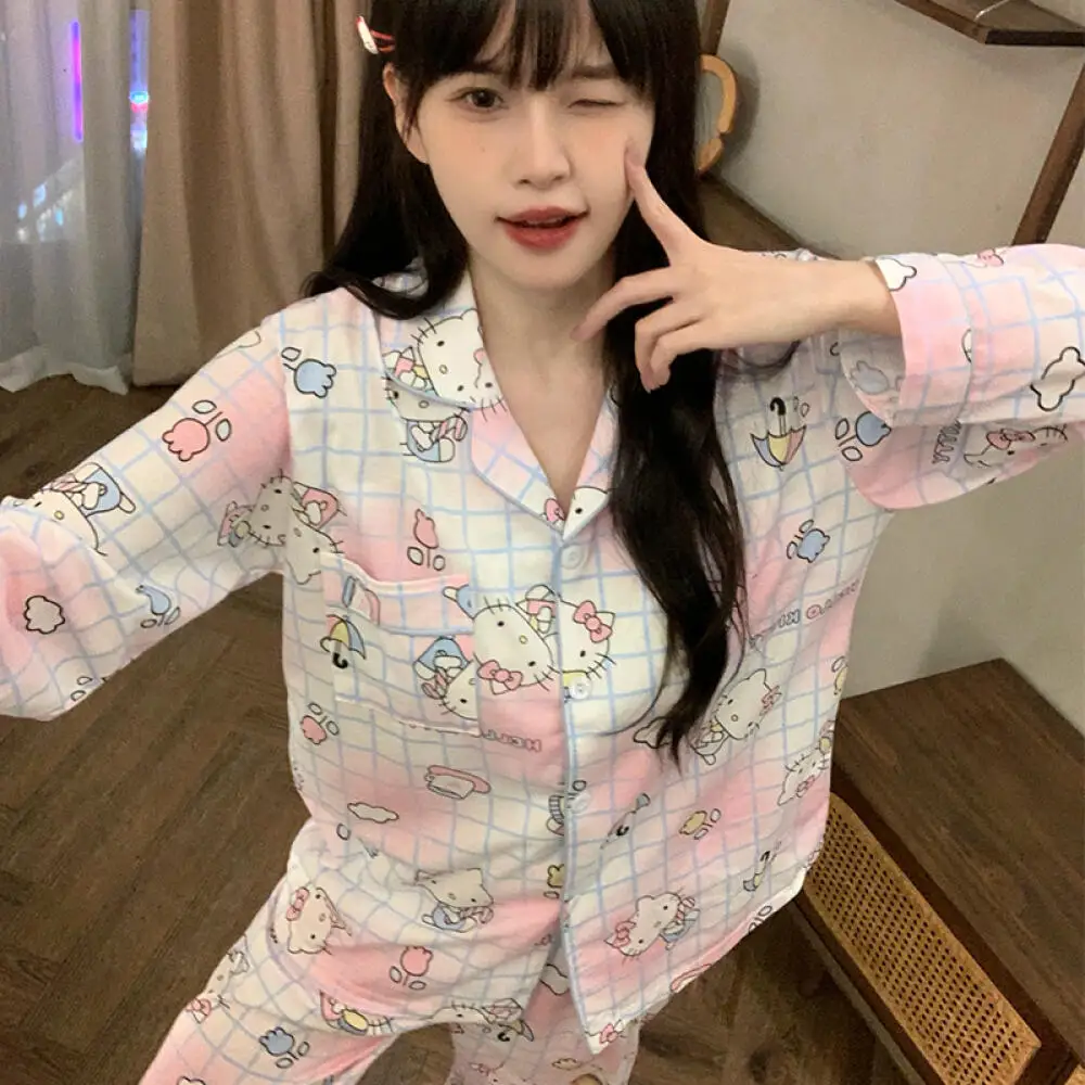 

Аниме «Hello Kitty», пижамные штаны, каваи, Usagi Chiikawa, женские пижамы с героями мультфильмов, хлопковые студенческие пижамные комплекты, домашняя одежда для девочек-милых