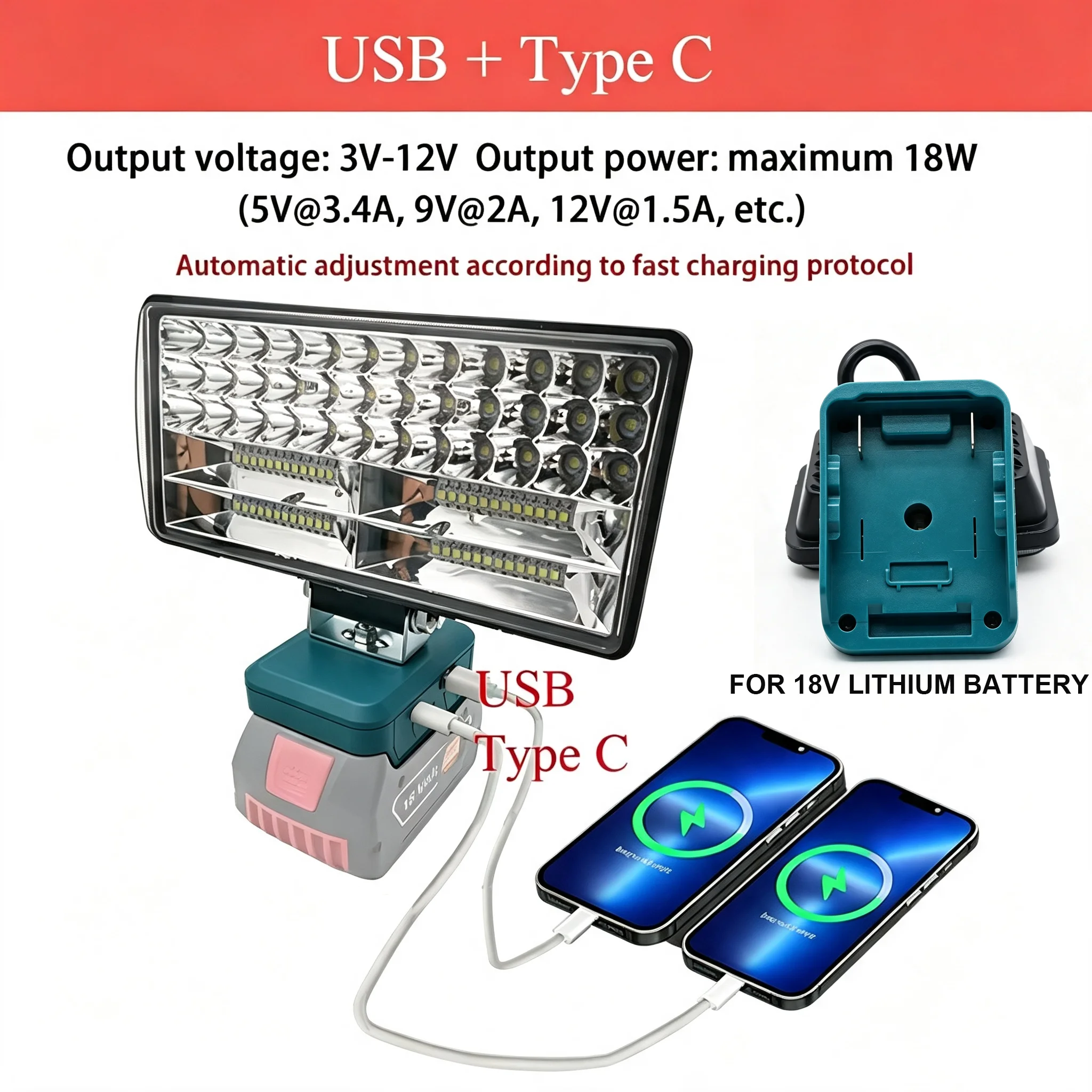 Wireless Flashlight Electric Torch Spotlight LED Work Light USB Power Bank For Bosch BAT622 Li-ion Battery High Low Beam Control