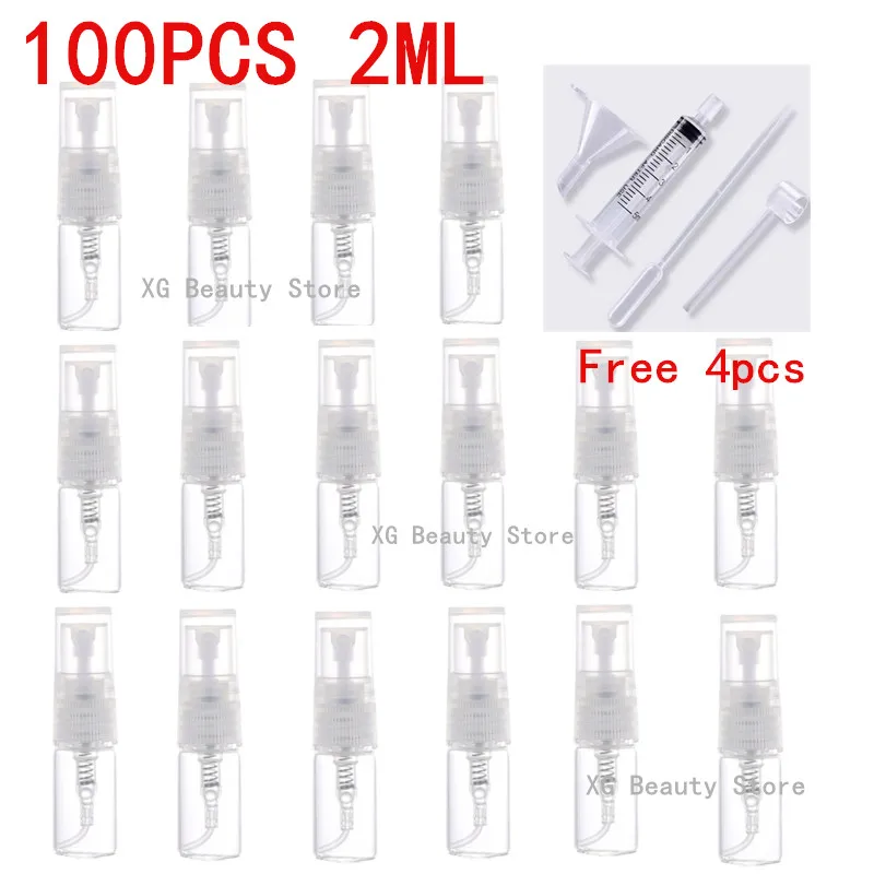 5/10/50/100 قطعة 2 مللي زجاجة رذاذ رذاذ شفافة زجاجة عطر زجاجية زجاجة مستحضرات تجميل فارغة 1 قمع ، 1 قطارة ، 1 موزع ، 1 حقنة #1
