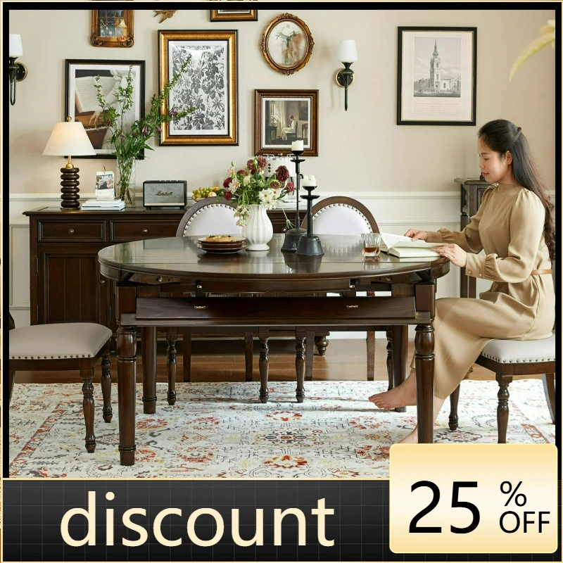 

LTT American all-solid wood dining table French light luxury home restaurant long round table and chair combination