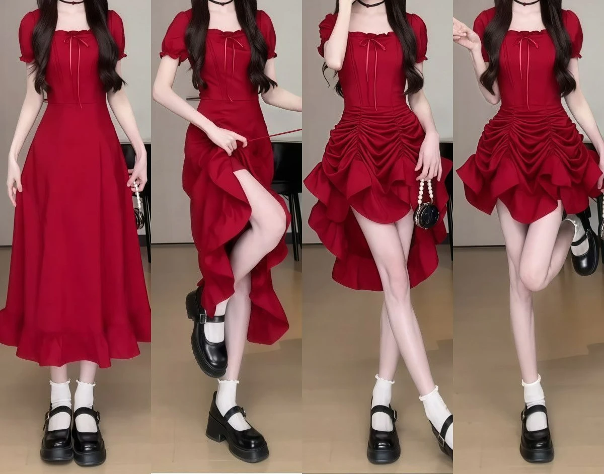 Design Sense Fashion Dress Drawstring Medium Skirt Women's Summer Waist Square Neck A-Word Long Dress