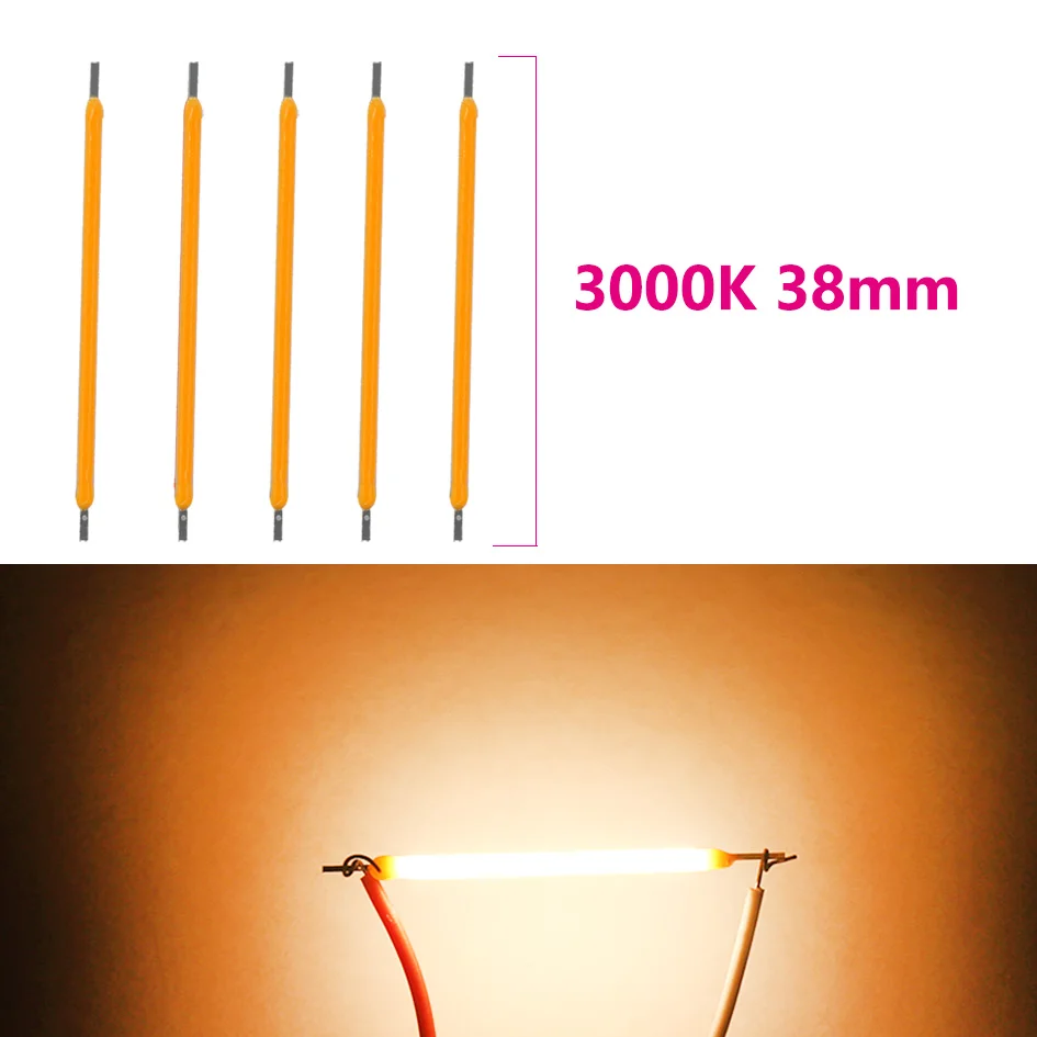 20Pcs Dc 3v 12v 57v 38MM Cob Led Filament 2200k White Blue Red Pink Edison Bulb Parts Lamp Incandescent Light Accessories Diodes