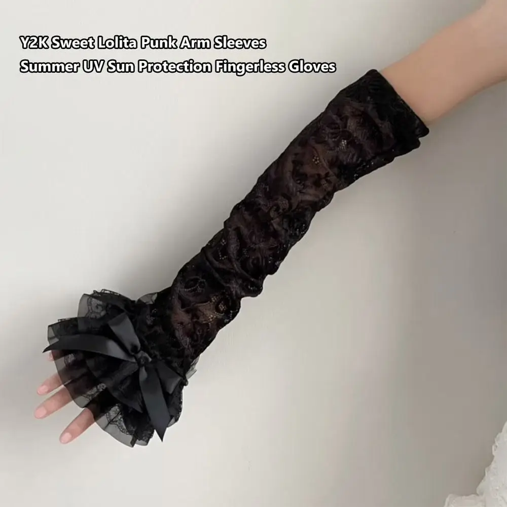 Verão wear y2k laço arco luvas proteção uv estilo fairycore luvas sem dedos doce pura malha braço mangas para mulher