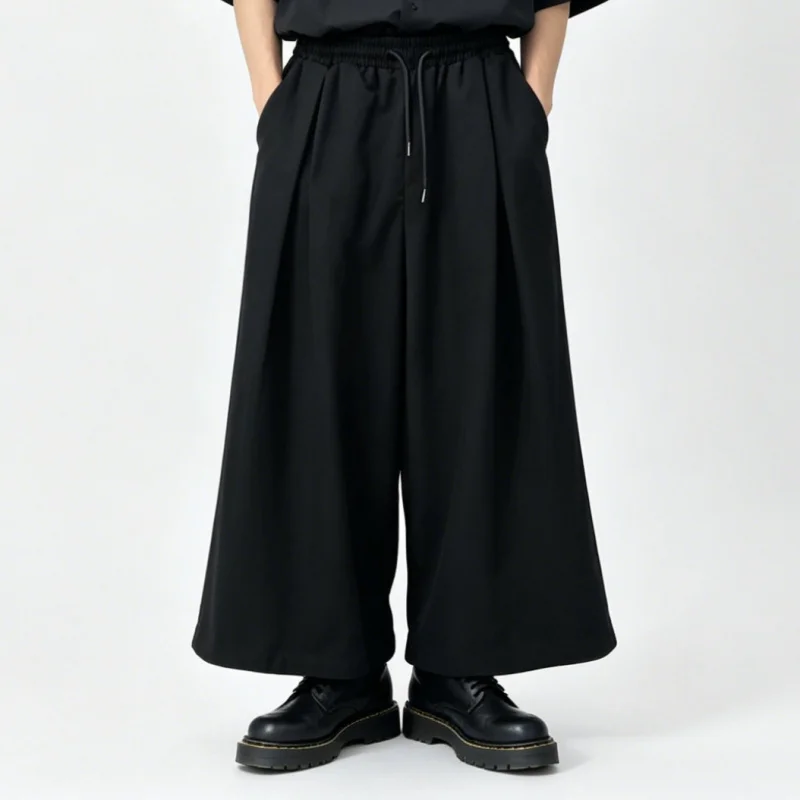 

Men'S Casual Pants, Japanese Style Black Drawstring Wide-Leg Pants, High-Waisted, Drapey, Loose Trousers A94