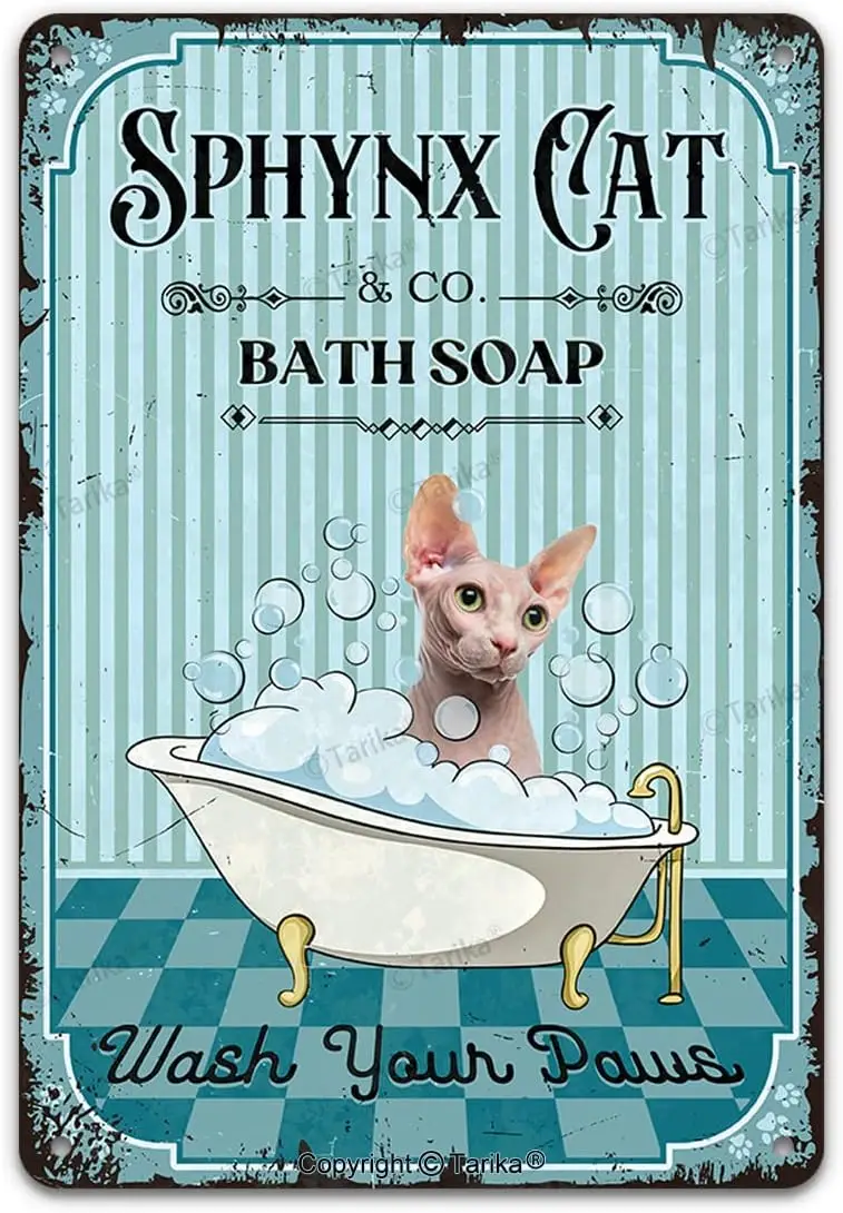 Sphynx Cat & Co. Bath Soap Wash Your Paws Vintage Metal Tin Sign Funny Lovely Kitten Pet Art Printing Poster Bathroom Toilet