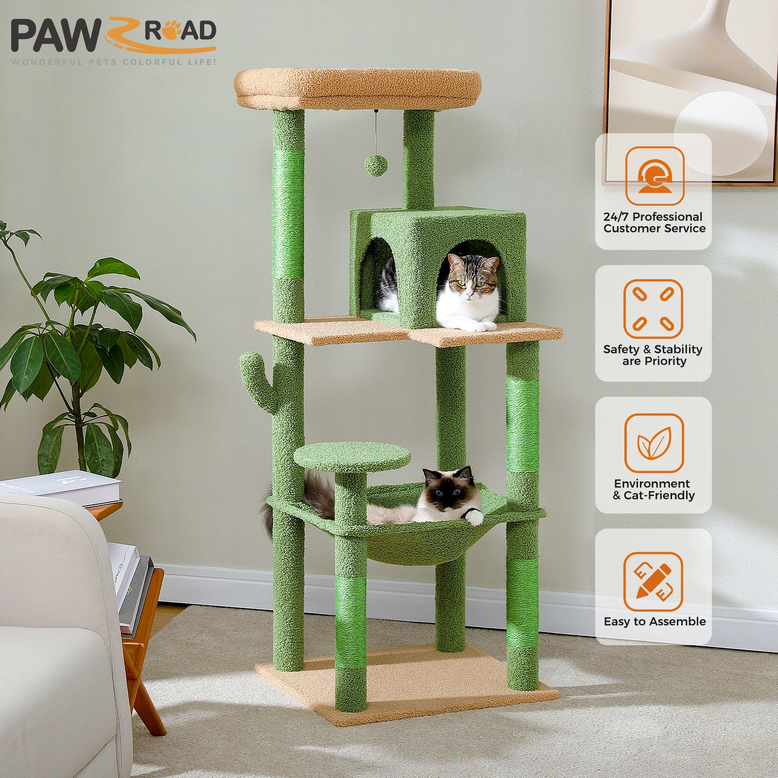 Cactus Cat Tree Tower for Large Cats with Metal Plush Big Hammock for Indoor Cats with 2 Door Condo House with Large Top Perch