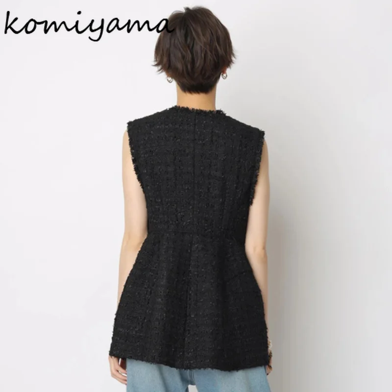 Komiyama Small Fragrance Tweed Tank Top Sleeveless Jackets O Neck Y2k Clothes Spring Single Breasted Vest Women Black Tanks