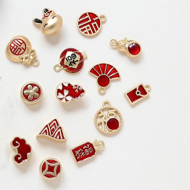 1pcs Gold Color Transfer Fortune Yun Red Lantern Chinese Style Pendant Beaded Diy Handmade Jewelry Bracelets Material Charms